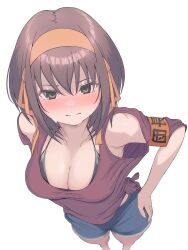  absurdres armband black_bra blue_shorts blush bra breasts brown_eyes brown_hair cleavage collarbone commentary_request female from_above hair_ribbon hairband hand_on_own_hip highres looking_at_viewer medium_breasts medium_hair nose_blush orange_hairband orange_ribbon rai_iceblast red_armband red_shirt ribbon shirt shorts simple_background solo suzumiya_haruhi suzumiya_haruhi_no_yuuutsu sweat tied_shirt underwear white_background 