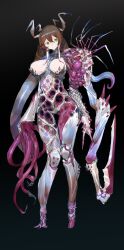  asymmetrical_arms black_background body_horror breasts brown_hair carapace character_request commentary_request copyright_request extra_arms female full_body green_eyes highres horizontal_pupils kasanomaya large_breasts looking_at_viewer monster_girl solo standing tentacle 