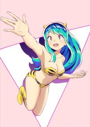  bikini breasts cleavage collarbone commentary_request female full_body green_hair hide12862152 highres horns long_hair lum medium_breasts multicolored_eyes navel open_mouth orange_eyes smile solo strapless strapless_bikini swimsuit urusei_yatsura video_crop yellow_bikini yellow_eyes yellow_footwear 