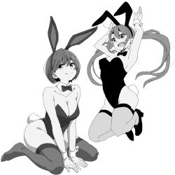  2girls absurdres animal_ears bow bowtie breasts cleavage commentary_request detached_collar fake_animal_ears fake_tail greyscale hairband hide12862152 highleg highleg_leotard highres large_breasts leotard medium_breasts monochrome multiple_girls no_shoes original playboy_bunny rabbit_ears rabbit_tail short_hair sitting strapless strapless_leotard tail thighhighs traditional_bowtie twintails wariza wrist_cuffs 