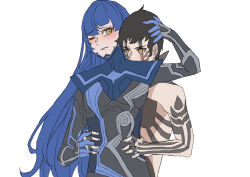  2boys absurdres androgynous black_bodysuit black_hair blue_hair bodysuit demi-fiend full-body_tattoo hand_on_another&#039;s_head hands_on_another&#039;s_waist highres hug hug_from_behind in-franchise_crossover long_hair looking_at_another male_focus multiple_boys parted_lips protagonist_(smtv) reno_426 shin_megami_tensei shin_megami_tensei_iii:_nocturne shin_megami_tensei_v short_hair simple_background tattoo topless_male white_background yaoi yellow_eyes 