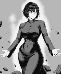  absurdres aura bob_cut breasts collared_dress cowboy_shot crosshatching dress female fubuki_(one-punch_man) greyscale hatching_(texture) highres hip_dips large_breasts long_sleeves looking_at_viewer monochrome one-punch_man open_hands signature simple_background speedl00ver thick_thighs thighs tight_clothes tight_dress 