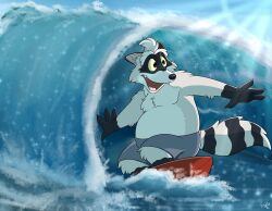  2024 anthro belly black_nose bottomwear clothing detailed_background freddy1565 grey_body hi_res male mammal moobs open_mouth outside overweight overweight_male procyonid raccoon shorts solo surfboard surfer surfing swimwear water 