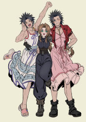  2boys aerith_gainsborough arm_up armor baggy_pants bangle bare_shoulders belt belt_buckle black_gloves black_hair blush boots bracelet braid braided_ponytail brown_hair buckle choker closed_eyes collarbone commentary_request cosplay crisis_core_final_fantasy_vii crossdressing dress dress_flower drill_hair drill_sidelocks dual_persona facing_viewer female final_fantasy final_fantasy_vii final_fantasy_vii_rebirth final_fantasy_vii_remake flower full_body gloves hair_ribbon hair_slicked_back hand_on_another&#039;s_hip hand_on_another&#039;s_waist height_difference highres huosheanng jacket jewelry long_hair looking_at_viewer multiple_belts multiple_boys one_eye_closed open_clothes open_jacket open_mouth pants parted_bangs pink_dress pink_ribbon red_jacket ribbed_sweater ribbon sandals short_hair shoulder_armor sidelocks simple_background sleeveless sleeveless_turtleneck smile spiked_hair standing standing_on_one_leg sweater toned toned_male turtleneck turtleneck_sweater white_dress zack_fair zack_fair_(cosplay) 