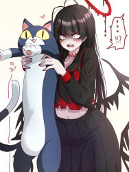  ! !? ... ? animal black_hair black_nails black_sailor_collar black_serafuku black_skirt black_wings blood blood_on_clothes blue_archive feline female heart highres holding holding_animal holding_cat komena_(shinyday312) long_hair navel open_mouth red_eyes sailor_collar school_uniform serafuku simple_background skirt solo spoken_exclamation_mark spoken_question_mark tsurugi_(blue_archive) white_background wide-eyed wings 