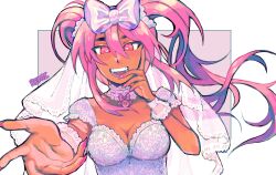  artist_name blush border bow bowtie breasts bright_pupils cleavage commentary dark-skinned_female dark_skin dress english_commentary fangs female fingernails foreshortening hairbow hand_on_own_cheek hand_on_own_face hand_up heart heart-shaped_pupils highres index_finger_raised lace-trimmed_dress lace-trimmed_sleeves lace-trimmed_veil lace-trimmed_wrist_cuffs lace_trim long_hair looking_at_viewer medium_breasts nail_polish official_alternate_costume omori open_mouth outside_border pink_background pink_bow pink_bowtie pink_eyes pink_hair pink_nails reaching reaching_towards_viewer remi_(mozzaremi) sharp_fingernails short_sleeves simple_background smile sweetheart_(omori) symbol-shaped_pupils teeth tongue twintails upper_body very_long_hair wedding_dress white_border white_bow white_dress white_pupils white_veil white_wrist_cuffs wrist_cuffs 