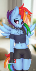  2024 absurd_res anthro blue_body blue_feathers blush collar cosplay equid equine feathered_wings feathers female friendship_is_magic hair hasbro helluva_boss hi_res loona_(helluva_boss) mammal midriff multicolored_hair my_little_pony mythological_creature mythological_equine mythology navek omiart pegasus purple_eyes rainbow_dash_(mlp) rainbow_hair smile solo spiked_collar spikes wings 