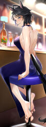  absurdres ahoge alternate_costume animal_ears arm_at_side arm_rest back backless_dress backless_outfit bar_(place) bar_stool bare_arms bare_shoulders barefoot between_toes black_hair black_nails blue_eyes blush bottle breasts carrot_juice counter cup dress drink ear_ornament female fingernails fuji_kiseki_(umamusume) full_body furrowed_brow grey_hair halterneck highres horse_ears horse_girl horse_tail indoors jewelry jitome_no_tsugumi juice light_smile long_dress looking_at_viewer median_furrow multicolored_hair nail_polish nose_blush on_stool parted_lips purple_dress short_hair shoulder_blades sitting sleeveless sleeveless_dress soles solo stool sweat tail three_quarter_view toenail_polish toenails toes two-tone_hair umamusume 