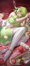  absurdres ace_(playing_card) apron arm_cuffs arms_up back_bow bare_shoulders black_ribbon bow breasts cake cake_slice card cleavage commentary dress english_commentary female food fork frilled_dress frills full_body green_dress green_eyes green_hair gumi hair_between_eyes hair_intakes hair_ribbon highres looking_at_viewer lying maid maid_apron medium_breasts mouth_hold on_side pantyhose plate playing_card red_background red_footwear red_ribbon ribbon ribbon_in_mouth short_hair solo stained_clothes striped_clothes striped_pantyhose sumi_(rainsun02) vertical-striped_clothes vertical-striped_pantyhose vocaloid whipped_cream white_pantyhose 