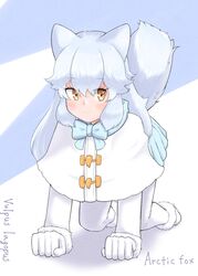  38b48bfrm all_fours animal_ears arctic_fox_(kemono_friends) blue_bow blue_bowtie blue_skirt bow bowtie capelet character_name commentary_request eyes_visible_through_hair female fox_ears fox_tail full_body fur-trimmed_sleeves fur_trim gloves hair_between_eyes highres kemono_friends long_hair long_sleeves looking_at_viewer original pantyhose scientific_name simple_background skirt smile solo tail white_capelet white_gloves white_hair white_pantyhose 