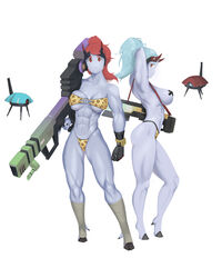  2girls abs absurdres alien animal_print armpits back-to-back bare_shoulders beam_rifle biceps bikini blue_hair blue_skin breasts colored_skin covered_nipples cross_pasties drone energy_gun fake_horns fewer_digits full_body gun hand_in_own_hair highleg highleg_bikini highres holding holding_gun holding_weapon hooves horns huge_weapon large_breasts leopard_print mechanical_hands multi-strapped_bikini_bottom multiple_girls muscular muscular_female no_nose o-ring o-ring_top pasties perky_breasts ponytail print_bikini red_eyes red_hair robot_jones_(artist) shoulder_strap sideboob single_mechanical_hand strap swimsuit t&#039;au tau_drone thick_eyebrows thick_thighs thighs topless trigger_discipline underboob warhammer_40k weapon 