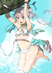  adapted_costume akitsushima_(kancolle) akitsushima_(swimsuit_mode)_(kancolle) annin_musou bad_id bad_twitter_id barefoot bikini blush breasts collarbone commentary_request female highres kantai_collection long_hair navel nishikitaitei-chan open_mouth polka_dot purple_eyes purple_hair sandals side_ponytail sidelocks small_breasts smile solo swimsuit water white_bikini 