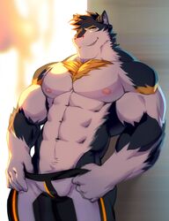  absurd_res anthro black_body black_fur blue_eyes bottomwear bozi canid canine canis clothing fur hi_res male mammal muscular muscular_anthro muscular_male nipples pants solo vortiganshine white_body wolf yellow_body yellow_eyes yellow_fur 