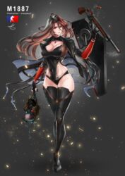  artist_name ass_visible_through_thighs breasts brown_hair character_name cleavage commentary crazyskull earrings english_commentary female full_body girls&#039;_frontline gloves gun highres jacket jewelry large_breasts leather leather_jacket lever_action long_hair looking_at_viewer m1887_(girls&#039;_frontline) multicolored_hair parted_lips red_hair shield shield_module shotgun shotgun_shell solo streaked_hair thighhighs weapon 