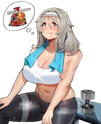  bad_id bad_pixiv_id blush breasts brown_eyes chopsticks closed_mouth collarbone commentary_request crop_top drooling dumbbell female food girls&#039;_frontline grey_hair hair_between_eyes hairband hungry instant_ramen k3_(girls&#039;_frontline) korean_commentary large_breasts medium_hair navel oerba_yun_fang pack_noodles saru_(monkey_magic3) shin_ramyun short_eyebrows simple_background sitting smile solo steam stomach sweat thinking tight_clothes white_background 