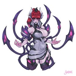  artist_name bare_shoulders breasts cleavage dress female highres large_breasts league_of_legends long_hair looking_to_the_side parted_lips pink_eyes ponytail purple_lips red_hair shardanic simple_background solo white_background white_dress zyra 