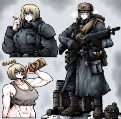  abs alcohol astra_militarum blonde_hair blue_eyes boots canteen cigarette coat female fur_hat grey_background gun hat highres holding holding_gun holding_weapon imperial_aquila lasgun multiple_viewers muscular muscular_female octosoup skull_belt solo sound_effects tank_top ushanka vahallan_ice_warrior vodka warhammer_40k weapon winter_clothes winter_coat 