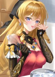  :p alternate_costume apron bare_shoulders black_gloves black_sleeves blonde_hair blue_eyes blue_gemstone bow breasts cleavage commentary_request detached_sleeves drill_hair earrings female gem genshin_impact gloves hair_between_eyes hands_up head_scarf highres holding holding_whisk jewelry kazuki_(kazuki_01) licking licking_finger light_blush long_hair long_sleeves looking_at_viewer medium_breasts navia_(genshin_impact) red_apron single_glove solo star_(symbol) star_in_eye symbol_in_eye tongue tongue_out upper_body very_long_hair whisk yellow_bow 