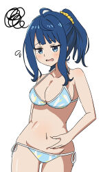  absurdres ahoge bikini blue_bikini blue_eyes blue_hair breasts cleavage commentary_request flab hatori_rkgk highres large_breasts lowleg lowleg_bikini make_heroine_ga_oo_sugiru! medium_hair navel pinching_belly ponytail side-tie_bikini_bottom sidelocks squiggle swimsuit weight_conscious yanami_anna 