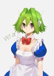  absurdres android antenna_hair apron blue_dress bow bowtie dress expressionless female frilled_apron frills green_hair hair_intakes highres looking_at_viewer maid maid_apron official_alternate_eye_color official_alternate_hair_color official_alternate_hairstyle pink_bitch_club puffy_short_sleeves puffy_sleeves purple_eyes red_bow red_bowtie robot_ears sad_adrian short_hair short_sleeves simple_background vyt-24 white_apron 