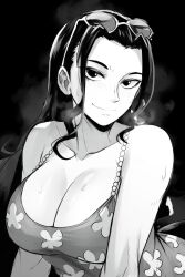  bare_shoulders black_hair blush breasts breath camisole cleavage eyewear_on_head female floral_print funi_xd greyscale highres large_breasts long_hair looking_at_viewer monochrome nico_robin official_alternate_costume one_piece smile sunglasses sweat 