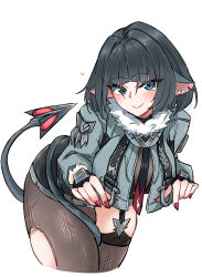  absurdres animal_ears asymmetrical_legwear black_hair black_shorts blue_eyes blue_jacket blush breasts commentary_request female fingernails fur-trimmed_jacket fur_trim heart highres jacket jane_doe_(zenless_zone_zero) large_breasts leaning_forward maiq06 mismatched_legwear mouse_ears mouse_girl red_nails sharp_fingernails shorts smile solo tail zenless_zone_zero 