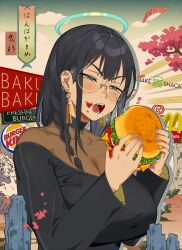  aqua_eyes black_hair blush breasts burger burger_king cleavage ear_piercing earrings female fish_(food) food glasses half-closed_eyes halo jewelry ketchup large_breasts long_hair mcdonald&#039;s mole mole_under_eye nigirizushi open_mouth original piercing purple_nails sakurai_energy see-through solo sushi teeth 