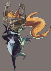  absurdres africanmegaman black_skin colored_skin commentary female floating full_body grey_background helmet highres imp long_hair looking_at_viewer midna multicolored_skin one_eye_covered ponytail red_eyes red_hair simple_background smug solo the_legend_of_zelda the_legend_of_zelda:_twilight_princess two-tone_skin white_skin 