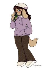  anthro beanie blush brown_body brown_fur brown_hair canid canine canis clothed clothing domestic_dog eyewear female femmebun fur glasses hair hand_in_pocket hat headgear headwear hi_res mammal monster_energy pockets simple_background sluppy_(sluppydoodles) solo sweater tail topwear white_background 