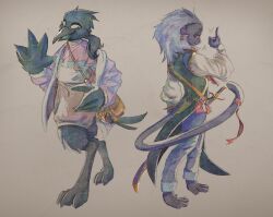  avian biped bird clothed clothing femme gesture haplorhine hi_res mammal mendobear monkey original_character pastel_theme primate royalty watercolor_(artwork) waving 