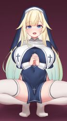  absurdres aizawa_ema alternate_costume aqua_hair blonde_hair blue_dress blue_eyes blunt_bangs breasts cosplay covered_navel dress female gradient_hair habit hair_flaps highres hololive houshou_marine houshou_marine_(cosplay) houshou_marine_(nun) huge_breasts long_hair looking_at_viewer multicolored_hair nun open_mouth own_hands_clasped own_hands_together paid_reward_available shinya_bokujou simple_background smile solo spread_legs squatting thighhighs veil very_long_hair virtual_youtuber vspo! white_thighhighs 