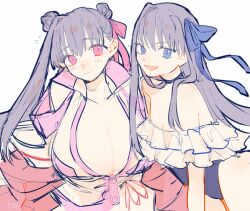  2girls absurdres bare_shoulders blue_eyes blue_ribbon blush breasts cleavage fate/grand_order fate_(series) flat_chest hair_ribbon highres huge_breasts meltryllis_(fate) meltryllis_(swimsuit_lancer)_(fate) meltryllis_(swimsuit_lancer)_(second_ascension)_(fate) multiple_girls one-piece_swimsuit passionlip_(fate) pink_eyes pink_ribbon purple_hair ribbon siblings sisters smile swimsuit urtk07 