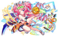  absurdly_long_hair animal_ear_fluff antenna_hair aqua_eyes armband artist_request badge ball bare_arms bare_legs bare_shoulders basketball_(object) basketball_hoop bat_wings bike_shorts black_shorts black_straps blush braid breasts button_badge cel_shading character_request claws cleavage colored_inner_animal_ears colored_shoe_soles crash_fever creature cross-laced_footwear cross-laced_straps dot_nose drawstring drill_hair eyelashes eyewear_on_head fangs fleming_(crash_fever) full_body game_cg gradient_wings green-tinted_eyewear green_eyes hair_intakes hair_ornament hairclip holding holding_ball hood hoodie horns jacket lightning_bolt_print lightning_bolt_symbol long_hair low_wings mechanical_tail medium_breasts midriff multicolored_armband multicolored_footwear multicolored_wings navel number_print numbered official_art open_mouth orange_hood orange_hoodie orange_jacket orange_sleeves outline paw_print_soles pink_hair pink_horns playing_sports pocket purple_wings red_outline rimless_eyewear shoe_soles shoes shorts sidelocks smear_frame smile sneakers solo_focus sports_bra sportswear square square_print star_(symbol) striped_clothes striped_shorts sunglasses sweat sweatdrop tachi-e tail teeth thick_eyebrows third-party_source tied_jacket tinted_eyewear tongue transparent_background triangle twin_braids two-tone_wristband two_side_up v vertical-striped_clothes vertical-striped_shorts very_long_hair white_fur white_sneakers white_sports_bra wings wristband x_hair_ornament 