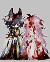  2boys adapted_costume antenna_hair black_coat black_eyes black_hair blood blood_in_hair blood_on_clothes blood_on_face bride chinese_commentary coat commentary_request crossdressing deformed dress flower gold_trim grey_background hair_flower hair_ornament hatsutori_hajime head_wings highres jiekuijiangshadaonijiamenkou long_hair long_sleeves male_focus medium_hair multiple_boys otoko_no_ko parted_bangs pink_hair red_eyes saibou_shinkyoku sleeveless sleeveless_dress solo stole utsugi_noriyuki wedding_dress white_dress white_footwear wide_sleeves wings 