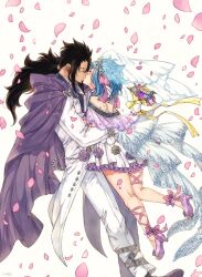  1boy bad_id bad_twitter_id black_hair blue_hair blush bouquet bride carrying carrying_person cloak closed_eyes dress fairy_tail female frilled_dress frills gajeel_redfox gloves high_heels holding holding_bouquet hood hooded_cloak kissing medium_hair pants petals pink_petals ponytail rusky see-through see-through_veil short_dress simple_background veil wedding_dress white_background white_gloves white_pants 