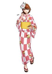  :t brown_eyes brown_hair checkered_clothes checkered_kimono commentary_request da-cart dog_mask eating female floral_print food full_body geta hand_up highres holding holding_food japanese_clothes kimono long_sleeves looking_at_viewer mask mask_on_head obi persona persona_3 sandals sash short_hair simple_background solo standing swept_bangs takoyaki toenails toes white_background yellow_sash yukari_takeba yukata 