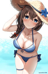  absurdres bikini black_ribbon blue_bikini blue_eyes blush braid breasts brown_hair brown_hat embarrassed female front-tie_bikini_top front-tie_top grin groin hair_between_eyes hair_flaps hair_over_shoulder hat highres kantai_collection long_hair medium_breasts mizuki_(uzuki_no_sato) navel neck_ribbon official_alternate_costume ribbon shigure_(kancolle) shigure_kai_san_(kancolle) shigure_kai_san_(swimsuit)_(kancolle) shirt side-tie_bikini_bottom single_braid smile solo straw_hat sun_hat swimsuit thigh_gap 