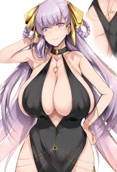  absurdres ass bare_shoulders bb_dubai_(fate) belly_chain black_dress blush bracelet braid braided_hair_rings breasts center_opening cleavage dress fate/grand_order fate_(series) female grin hair_ribbon highres huge_breasts jewelry kazuradrop_(fate) long_hair looking_at_viewer multiple_views necklace purple_eyes purple_hair ribbon side_slit smile tsukasawa_takamatsu twin_braids very_long_hair yellow_ribbon 