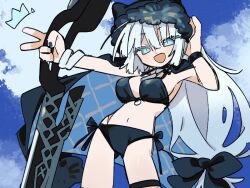  bikini black_bikini black_nails blue_eyes bracelet dobrynya_nikitich_(fate) dobrynya_nikitich_(swimsuit_lancer)_(fate) double-blade eezee56 fate/grand_order fate_(series) female fur_hat hat jewelry long_hair low-tied_long_hair navel side-tie_bikini_bottom swimsuit v white_hair 