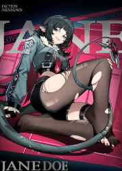  absurdres aqua_eyes black_hair character_name commentary_request cropped_jacket female grey_jacket grin highres jacket jane_doe_(zenless_zone_zero) kongtoulaotou long_sleeves looking_at_viewer medium_hair midriff pantyhose smile solo tail thighs torn_clothes torn_pantyhose zenless_zone_zero 