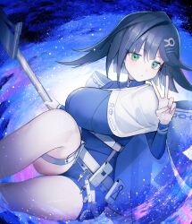  abigail_(black_survival) absurdres artist_request belt_pouch black_hair black_survival blue_leotard breasts cape check_artist chest_harness erinaka0413 eternal_return:_black_survival female green_eyes harness highres holding holding_polearm holding_weapon key large_breasts leotard looking_at_viewer medium_hair polearm pouch solo thigh_pouch v weapon 