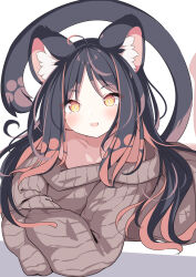  :d animal_ear_fluff animal_ears bare_shoulders black_hair blush brown_eyes brown_hair brown_sweater cat_ears cat_girl cat_tail collarbone commentary_request daidai_ookami female highres long_sleeves looking_at_viewer multicolored_hair off_shoulder original oversized_clothes parted_bangs puffy_long_sleeves puffy_sleeves ribbed_sweater simple_background sleeves_past_fingers sleeves_past_wrists smile solo sweater tail two-tone_hair white_background 