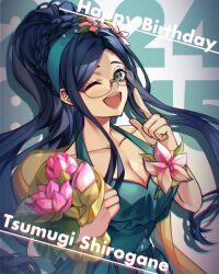  ;d bare_shoulders bouquet braid breasts character_name cleavage danganronpa_(series) danganronpa_v3:_killing_harmony dated dress female flower glasses green_dress green_hairband hair_flower hair_ornament hairband happy_birthday highres holding holding_bouquet large_breasts long_hair nota_sayaka official_alternate_costume one_eye_closed pink_flower rimless_eyewear shirogane_tsumugi smile solo 