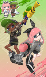  2girls :3 absurdres aiming androgynous animal_print ass bandana baseball_cap bike_shorts bike_shorts_under_skirt black_bandana black_footwear black_hat black_hoodie black_shorts blue_eyes blunt_bangs chibi chibi_inset clenched_teeth closed_mouth commentary dark-skinned_female dark_skin doughnut food food_in_mouth gradient_background green_background green_hair green_skirt grey_hoodie hand_up hat heart heart_in_eye highres holding holding_stuffed_toy holding_weapon hood hoodie inkling inkling_girl inkling_player_character leaf_print long_hair long_sleeves looking_at_another miniskirt mouth_hold multiple_girls octo_shot_(splatoon) outline outstretched_arms pink_background pink_hair pointy_ears print_hoodie puchiman shoes short_hair shorts shorts_under_skirt skirt sneakers splatoon_(series) splattershot_(splatoon) standing standing_on_one_leg stuffed_animal stuffed_toy symbol-only_commentary symbol_in_eye teddy_bear teeth tentacle_hair two-tone_background v-shaped_eyebrows weapon white_outline zipper_pull_tab 