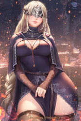  armor blindfold blonde_hair breasts brown_thighhighs candle cape capelet cleavage cloak closed_mouth covered_eyes dark_souls_(series) dark_souls_iii dress embers eye_mask facing_viewer female fire_keeper highres jewelry large_breasts long_hair mask necklace own_hands_together prywinko smile solo thighhighs web_address 