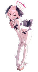  absurdres bare_arms bare_legs bare_shoulders bikini black_bikini black_wings blue_archive blush bow breasts feathered_wings female floral_print full_body hairbow halo head_wings highres koharu_(blue_archive) koharu_(swimsuit)_(blue_archive) leaning_forward long_hair looking_at_viewer low_twintails low_wings miisan official_alternate_costume pink_eyes pink_hair print_bikini revision sandals simple_background small_breasts solo swimsuit tears toes twintails white_background wings 