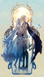  1boy amatari_sukuzakki armor azura_(fire_emblem) barefoot blue_cape blue_hair cape closed_eyes corrin_(fire_emblem) corrin_(male)_(fire_emblem) couple dress female fingerless_gloves fire_emblem fire_emblem_fates gloves grey_hair highres hug imminent_kiss long_hair pointy_ears standing veil very_long_hair 