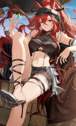  absurdres animal_ear_fluff animal_ears arknights arm_strap black_horns black_shorts breasts chest_belt commentary_request crossed_bangs female foot_out_of_frame hair_between_eyes high_heels highres hongbaise_raw horns horse_ears jewelry large_breasts linea_alba long_hair looking_at_viewer medium_breasts midriff multiple_rings narantuya_(arknights) navel red_eyes red_hair ribbed_shirt ring shirt short_shorts shorts sitting sleeveless sleeveless_shirt smile solo 