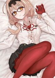  bed_sheet black_headband black_skirt blue_archive breasts chinatsu_(blue_archive) collared_shirt deca_purio female glasses gloves headband large_breasts light_brown_hair long_hair looking_at_viewer lying on_back on_bed orange_eyes pantyhose pleated_skirt pointy_ears red_gloves red_pantyhose shirt skirt solo white_shirt 