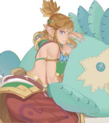  1boy bare_shoulders belt blonde_hair blue_eyes brown_belt desert_voe_set_(zelda) highres ivy_(sena0119) link looking_at_viewer male_focus pants pointy_ears ponytail pouch red_pants solo stuffed_walrus teeth the_legend_of_zelda the_legend_of_zelda:_breath_of_the_wild 